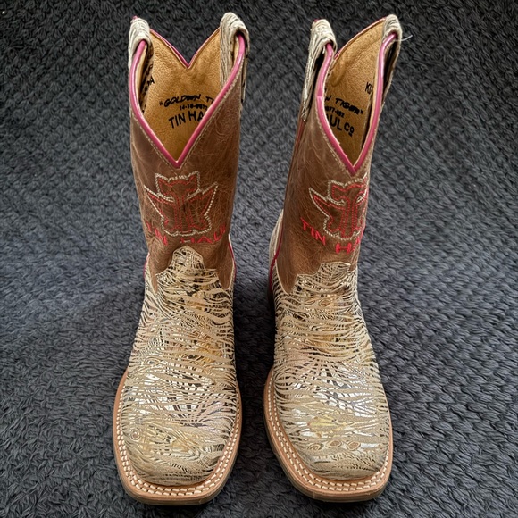 Tin Haul Kids Cowboy Boots Golden Tiger Hear Me Roar Brown Cream w Pink Accents - Picture 4 of 11